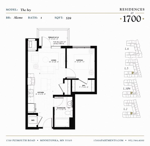 Floor plan for studio, 1 bath, 539 sqft